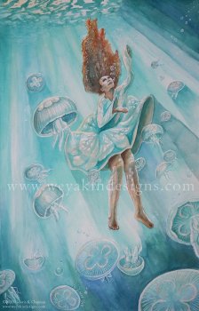 Woman floating under turquoise colored water among moon jellyfish. Woman floating under turquoise colored water among moon jellyfish.