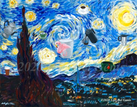 Mastercopy of Vincent Van Gogh's 'The Starry Night' with a 21st-Century update of coffee cups, teapots and flying saucers. Original and prints available on my website at https://afinelikeness.com/shop/ Mastercopy of Vincent Van Gogh's 'The Starry Night' with a 21st-Century update of coffee cups, teapots and flying saucers. Original and prints available on my website at https://afinelikeness.com/shop/