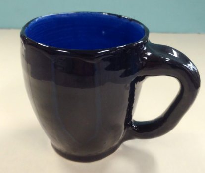 12 oz. ceramic mug, dishwasher/microwave safe, cobalt int. w/ black ext, subtle blue vert drips 12 oz. ceramic mug, dishwasher/microwave safe, cobalt int. w/ black ext, subtle blue vert drips
