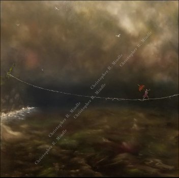 Girl crossing a dark sea on an impossible, tenuous tightrope. alt-text for image Girl crossing a dark sea on an impossible, tenuous tightrope. alt-text for image