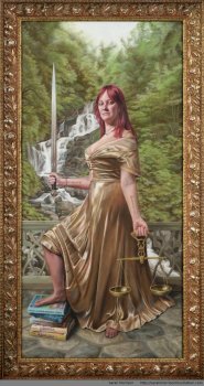 Lady Justice holding a sword and scales in front of a forest Lady Justice holding a sword and scales in front of a forest