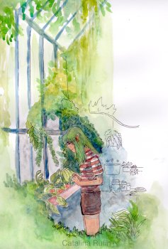 A green haired, brown skinned elf in a red striped shirt and brown shorts admires the plants in a lush, humid greenhouse. Their hands are clapsed together and they have a meditative expression. A green haired, brown skinned elf in a red striped shirt and brown shorts admires the plants in a lush, humid greenhouse. Their hands are clapsed together and they have a meditative expression.