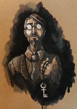 Dr. Bumby Ink Portrait; man with reflective glasses holding a key on a string Dr. Bumby Ink Portrait; man with reflective glasses holding a key on a string