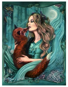 a witch and her fox familiar standing in a garden under the moon a witch and her fox familiar standing in a garden under the moon