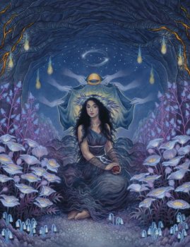 Persephone seated surrounded by glowing flowers in the Underworld Persephone seated surrounded by glowing flowers in the Underworld