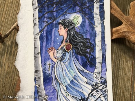 A small watercolor of a woman in a birch forest. A small watercolor of a woman in a birch forest.