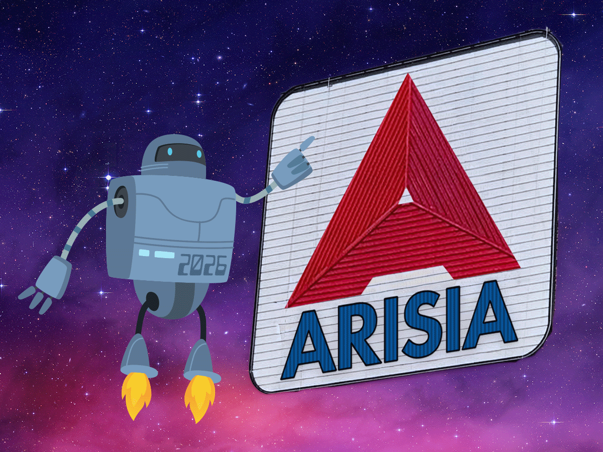 Arisia 2026 badge art - a flying robot in front of the Citgo sign